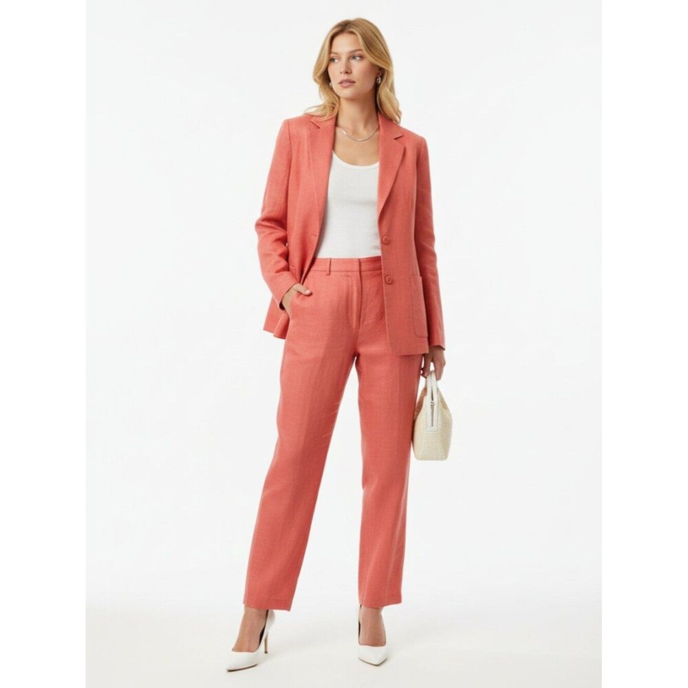 Rafaella 100% Linen Coral Orange 2 Piece Jacket & Pants Suit Set 10